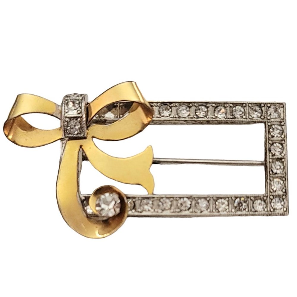 I. Michelson Sterling 12K GE Clear Rhinestone Square Open Bow Pin, Signed K802
